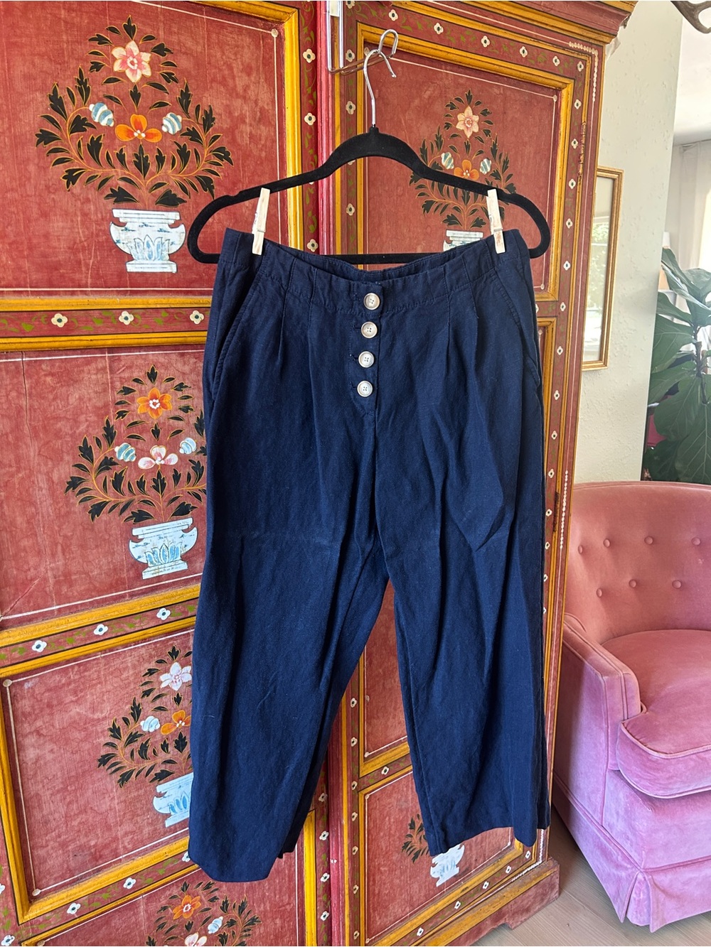 LOFT Navy Button-Front Linen Sailor Pants